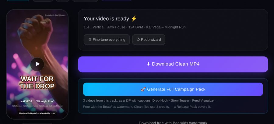 The ready screen with a preview, Download button and Fine-tune everything