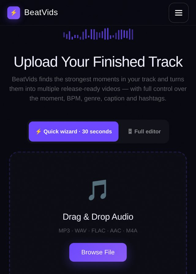 BeatVids upload screen with the Quick wizard and Full editor toggle