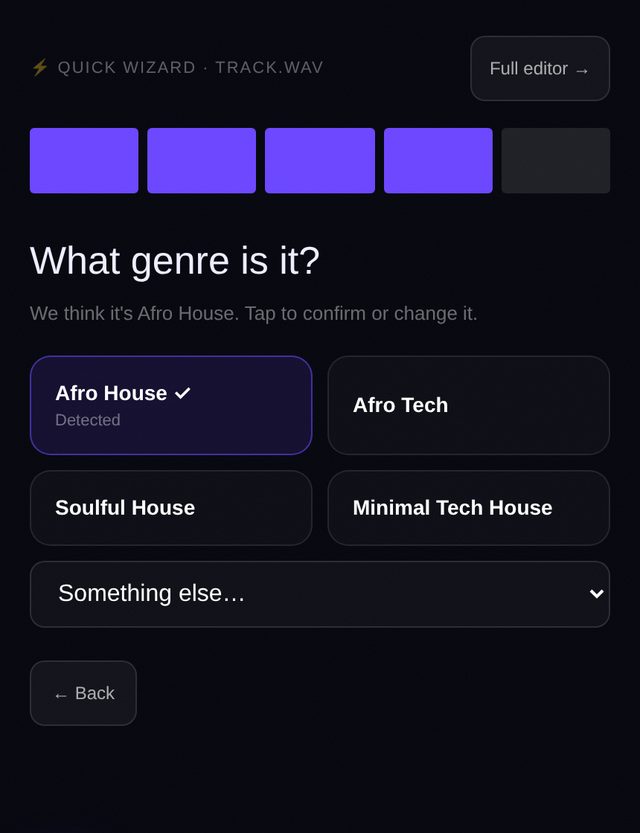 Wizard step showing the detected genre and alternatives